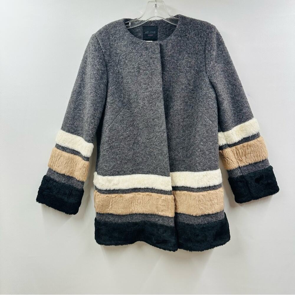 Helene London Colorblock Coat Jacket Hidden Buttons Gray Wool Blend Pockets Sz S